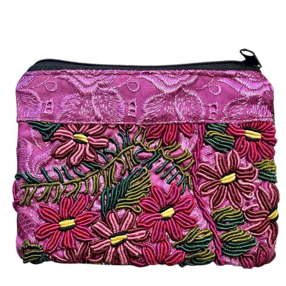 Y2K Style Embroidered Floral Pouch Clutch Pink Satin Cosmetic Bag Handmade NEW!